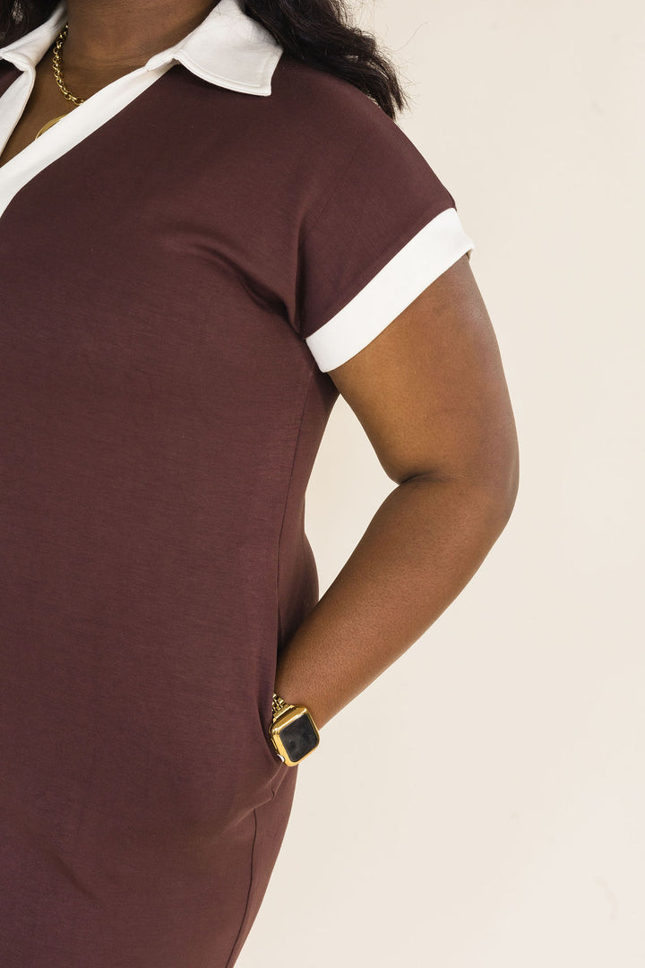 Espresso Contrast Trim Collared Midi Dress