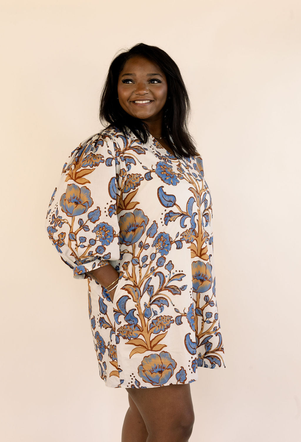 Cream Floral Puff Sleeve Mini Dress