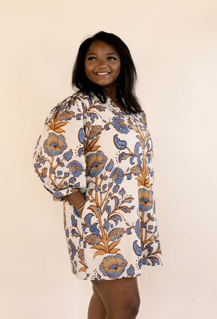 Cream Floral Puff Sleeve Mini Dress