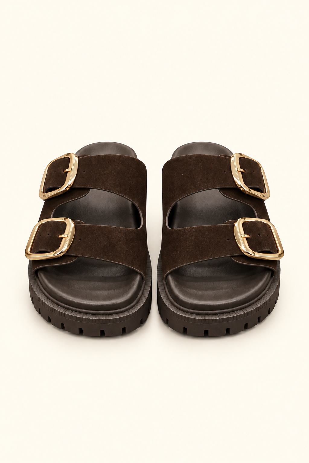 Front view of dark brown suede double-buckle platform sandals with oversized gold hardware and chunky lug soles.