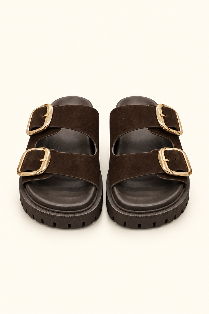 Front view of dark brown suede double-buckle platform sandals with oversized gold hardware and chunky lug soles.