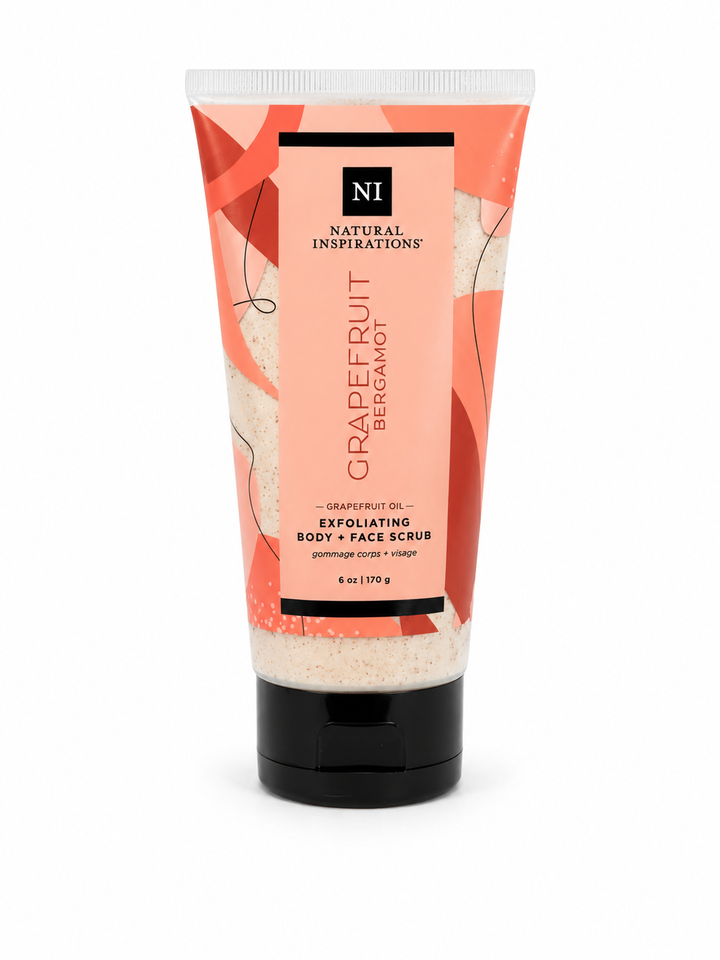 Natural Inspirations Grapefruit Bergamot exfoliating body and face scrub with ruby red grapefruit, bergamot, and nourishing coconut oil.