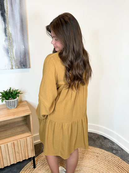 Long Sleeve Collared Baby Doll Tiered Gauze Dress