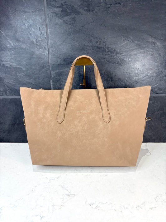 Taupe Milan Suedette Cabin Bag by Katie Loxton, large faux suede travel tote with top handles.
