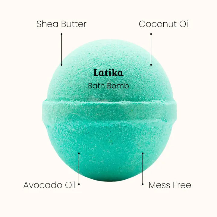 Teal bath bomb labeled 'Latika' with ingredients listed on a white background