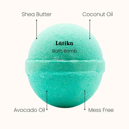 Teal bath bomb labeled 'Latika' with ingredients listed on a white background