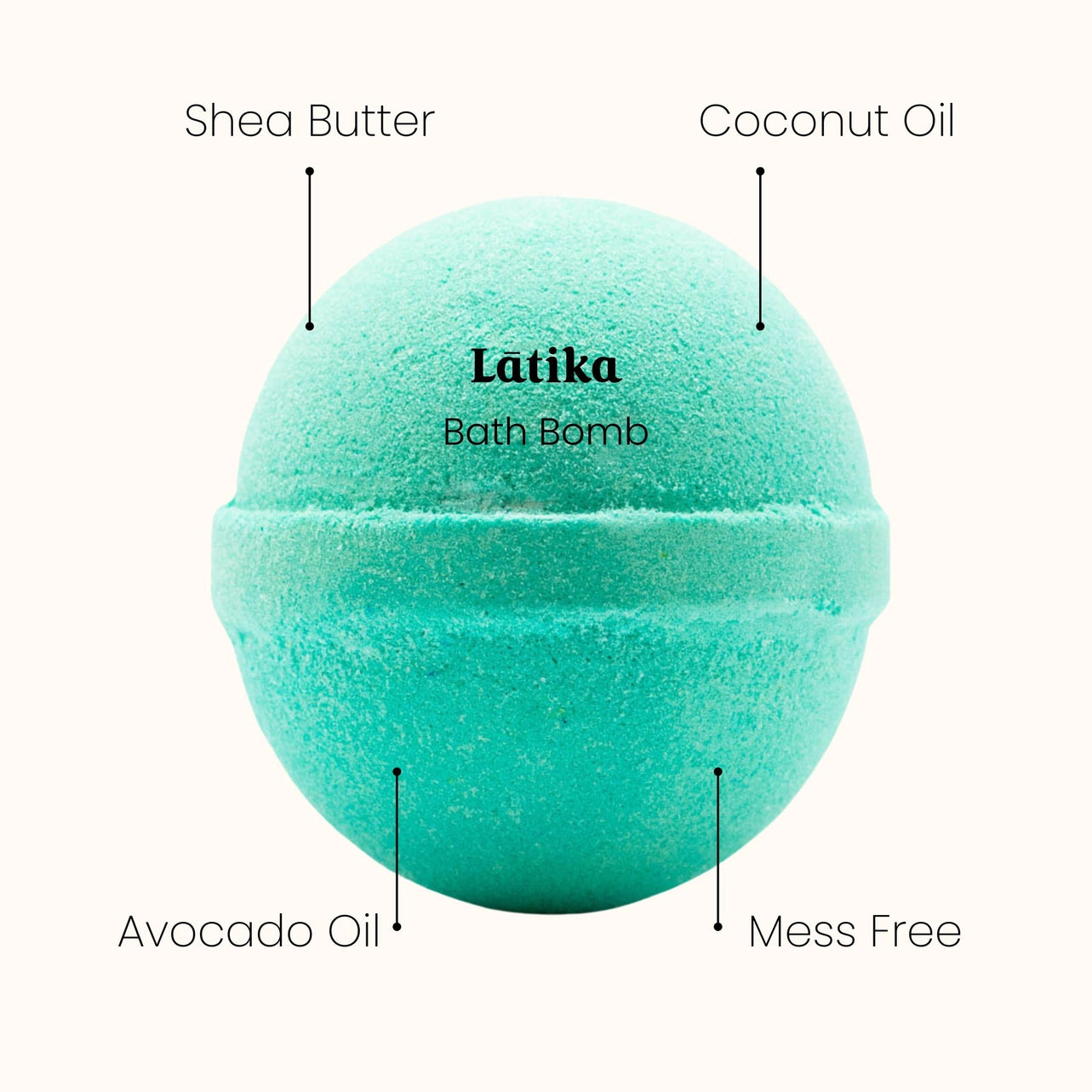 Teal bath bomb labeled 'Latika' with ingredients listed on a white background
