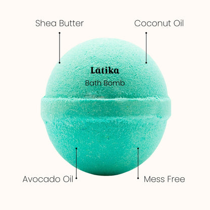 Teal bath bomb labeled 'Latika' with ingredients listed on a white background