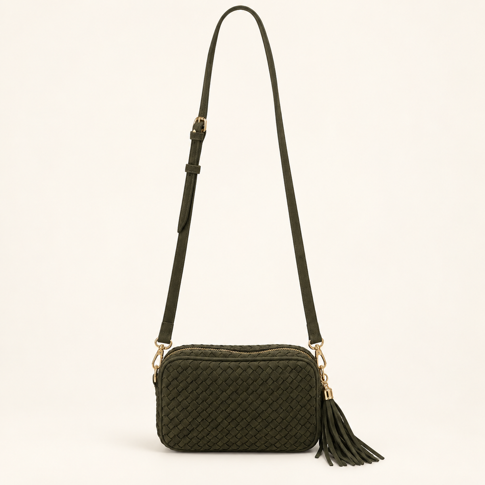 Back view of the olive Suede Paris Card Wallet with woven faux suede and tassel zipper.