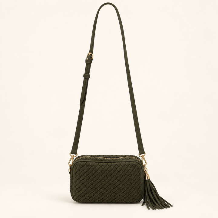 Back view of the olive Suede Paris Card Wallet with woven faux suede and tassel zipper.