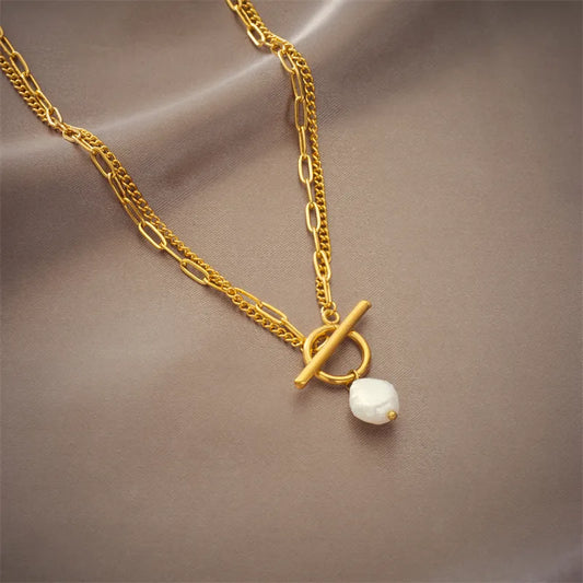 Titanium Steel Layered Necklace with Pearl