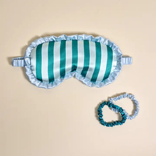 Satin beauty sleep mask with scrunchies in teal stripe pattern soft sleep eye mask set