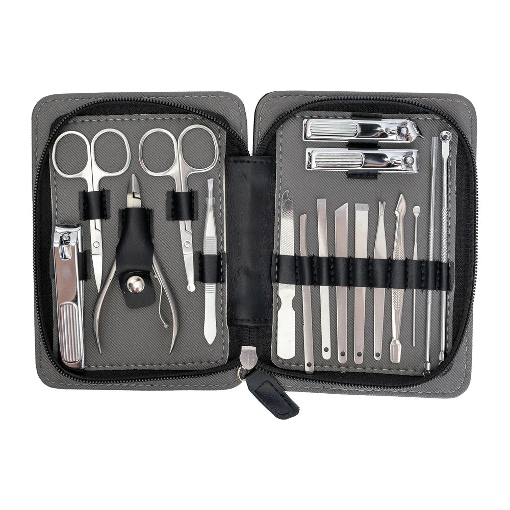 Manicure set with scissors, clippers, and tools in a gray case on a white background