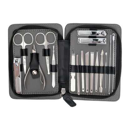 Manicure set with scissors, clippers, and tools in a gray case on a white background