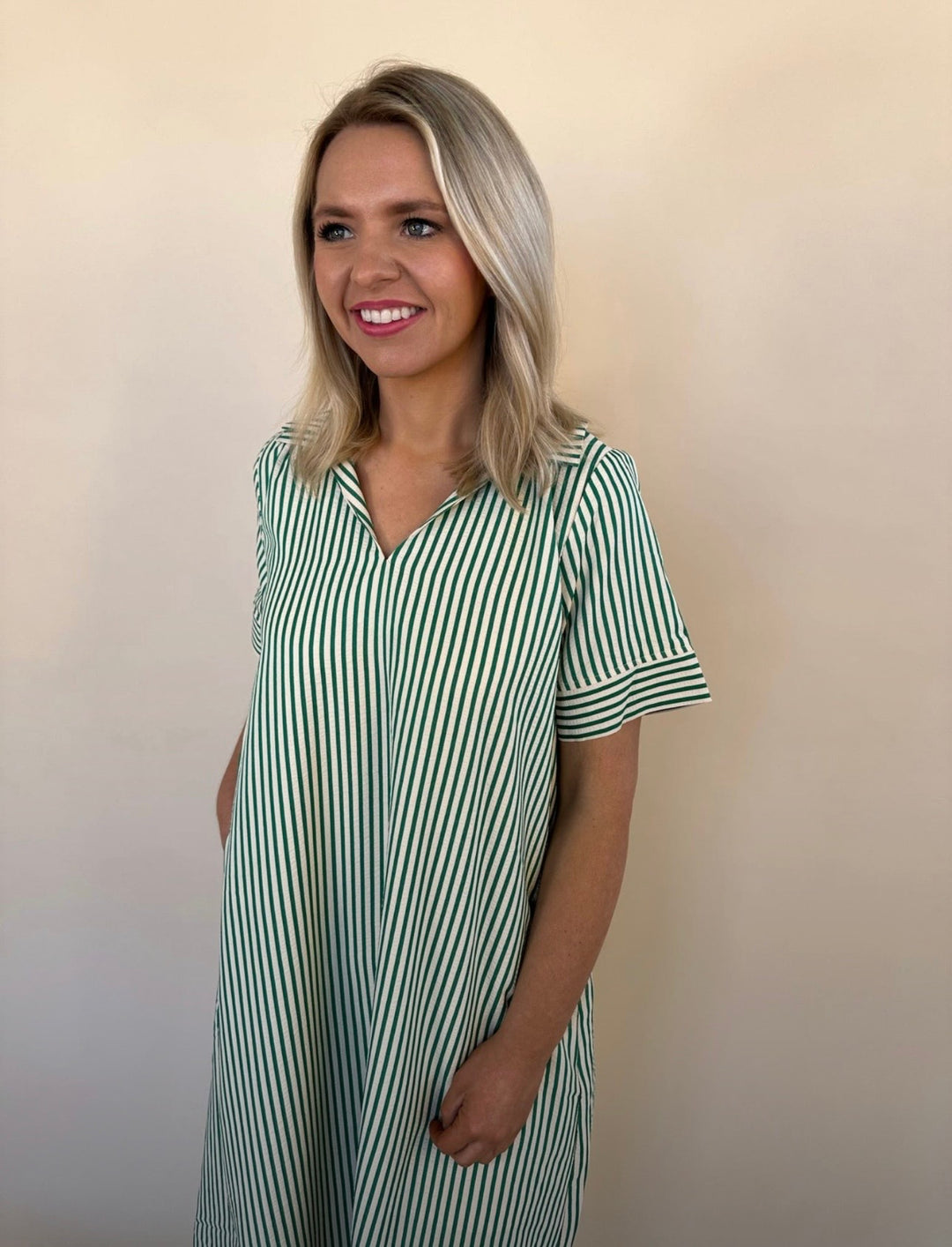 Raina Split Neck Striped Midi Dress
