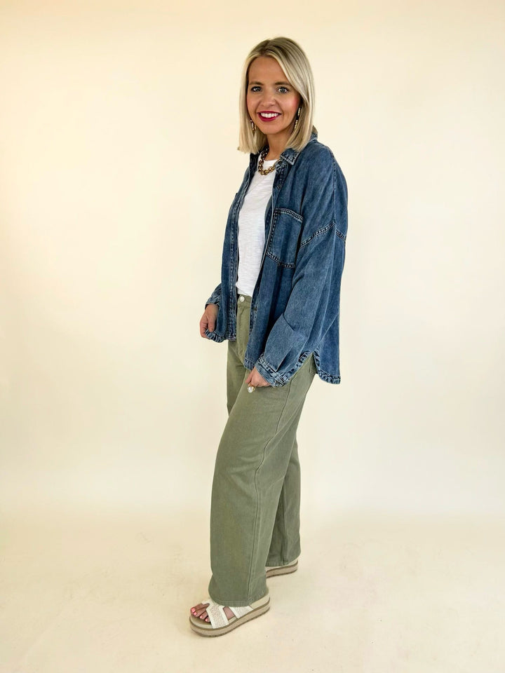 Side view of Marlow Mineral Wash Denim Shirt paired with olive pants for everyday styling