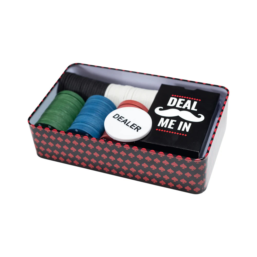 Poker chips set with 'Deal Me In' design on a white background