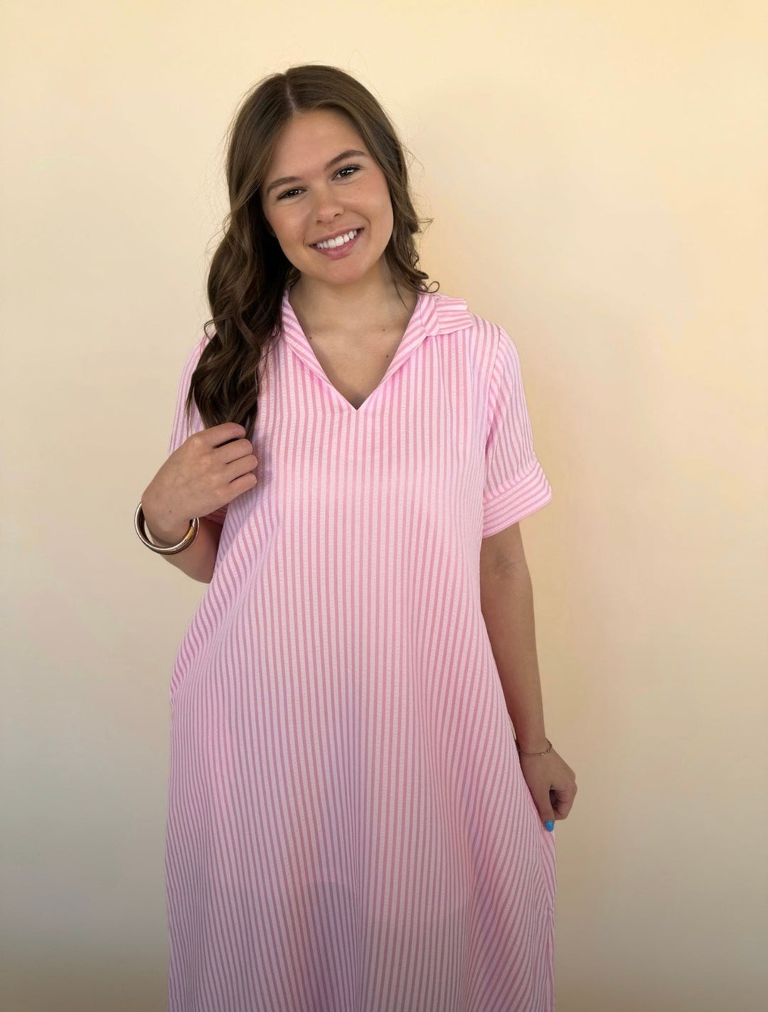 Raina Split Neck Striped Midi Dress