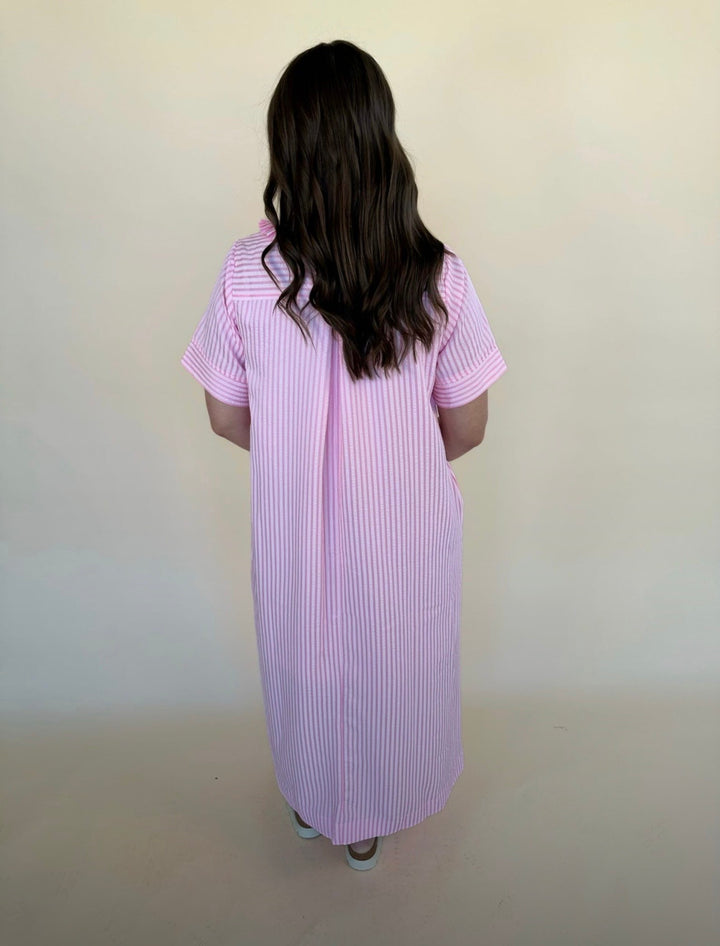 Raina Split Neck Striped Midi Dress