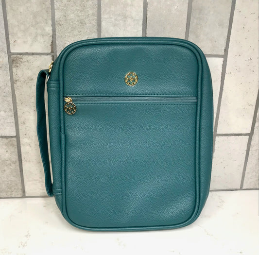 Mary Square teal Bible cover case with zipper closure, front pocket, and wrist strap