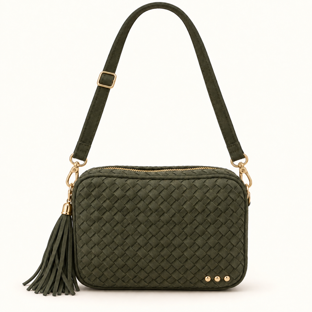 Front view of the Suede Paris Card Wallet in olive with a woven design, tassel zipper, ring detail, and gold-tone accents.