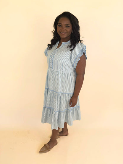 Plus size blue pinstripe ruffle dress with flutter sleeves and tiered skirt, women’s spring casual midi dress