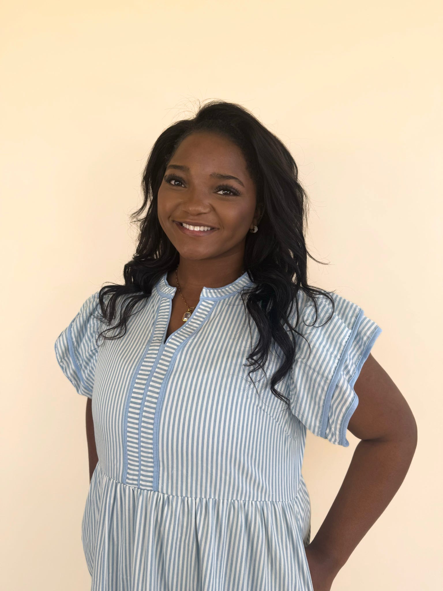 Plus size blue and white pinstripe dress front detail with flutter sleeves and v-neckline, lightweight cotton summer dress