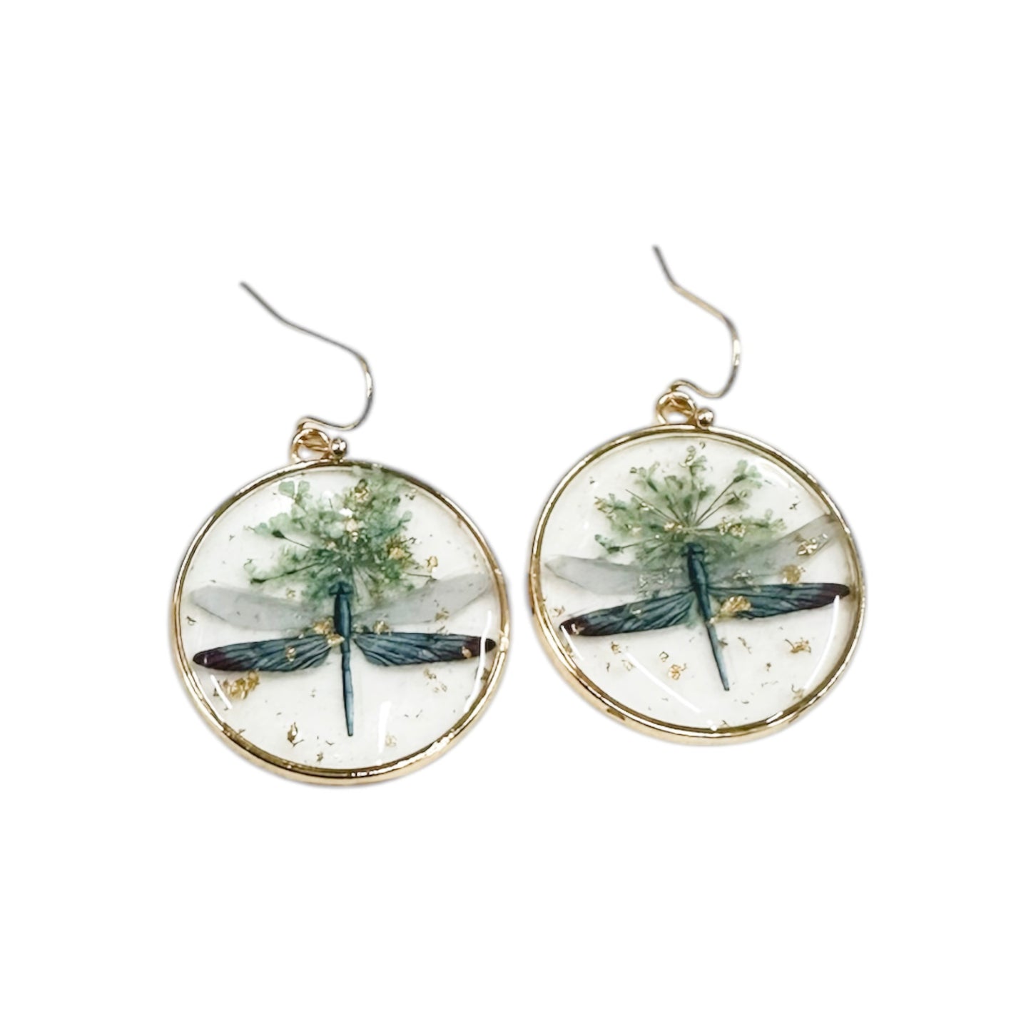 Dragonfly Circle Pressed Flower Earrings
