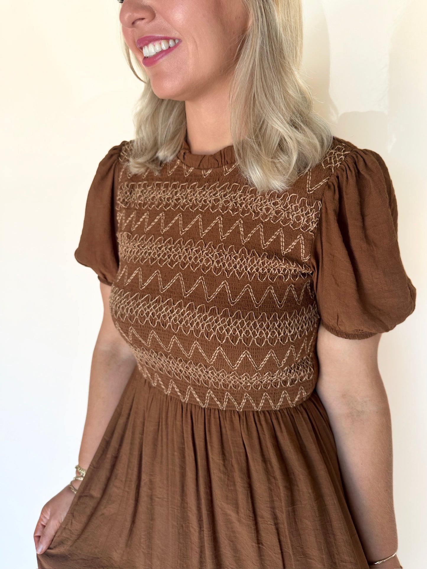 Yenni Feminine Smocked Midi Dress