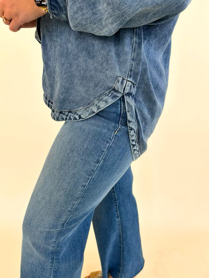 Close-up of Marlow Mineral Wash Denim Shirt showing soft mineral wash lyocell fabric and rounded hem