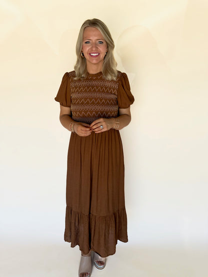 Yenni Feminine Smocked Midi Dress