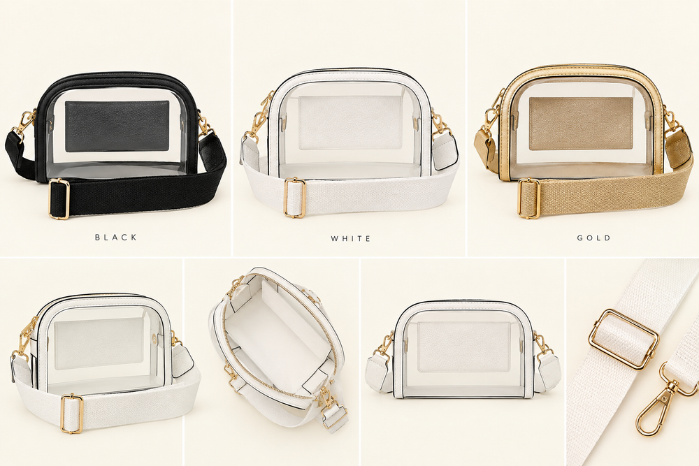 The Sideline Clear Crossbody Bag in black, white and gold with adjustable woven straps, clear PVC design and gold hardware, including interior and strap detail views.