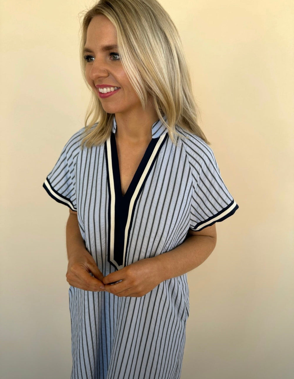 Thea Stripes Textured V-Neck Dress