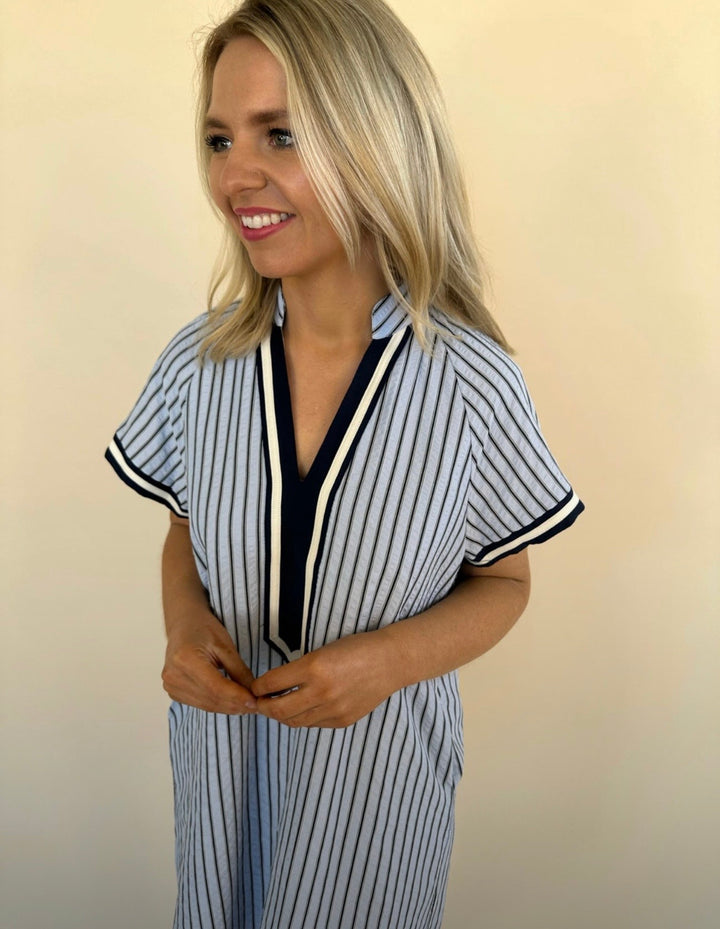 Thea Stripes Textured V-Neck Dress