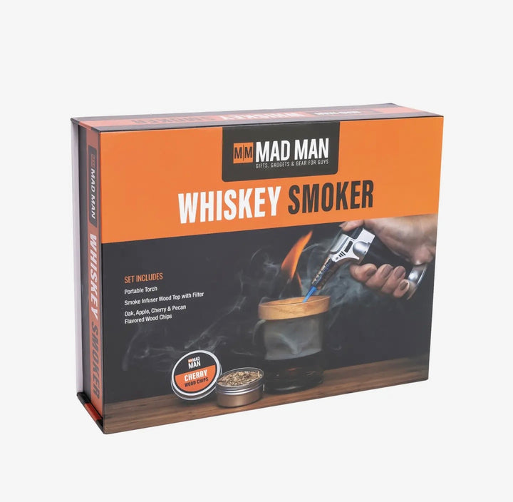 Mad Man Whiskey Smoker gift box featuring the complete cocktail smoking kit with portable torch, smoke infuser, and flavored wood chips.