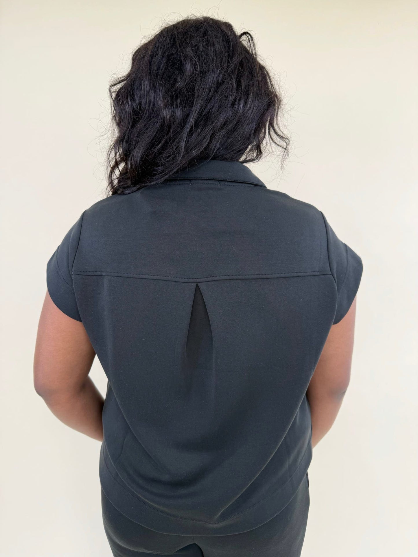 CloudSilk Weekend Set in black showing back view of cap sleeve top with pleated back detail and matching cropped lounge pants