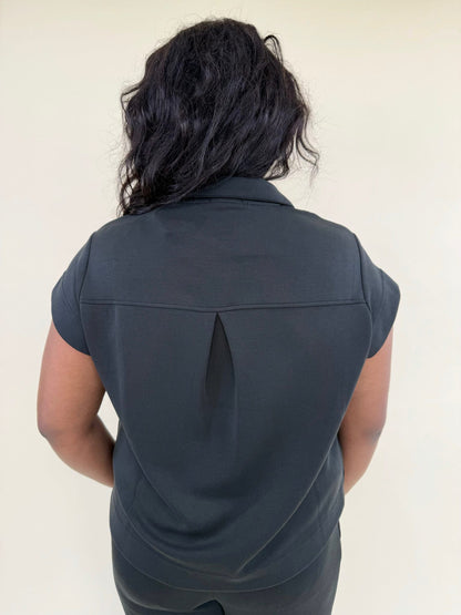 CloudSilk Weekend Set in black showing back view of cap sleeve top with pleated back detail and matching cropped lounge pants