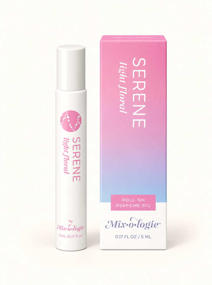 Mixologie Serene Light Floral 5 mL rollerball perfume oil with white cap and pastel pink-to-lavender fragrance box on a cream background.