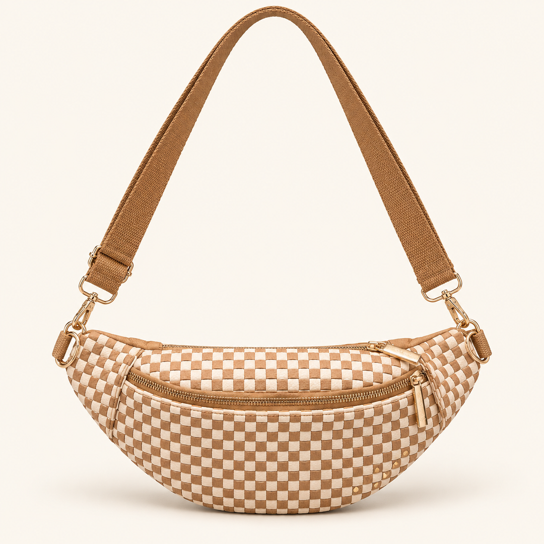 Front view of the Woven Susie Sidekick Bum Bag in Checkered Tan with an adjustable strap.