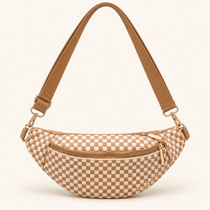 Front view of the Woven Susie Sidekick Bum Bag in Checkered Tan with an adjustable strap.