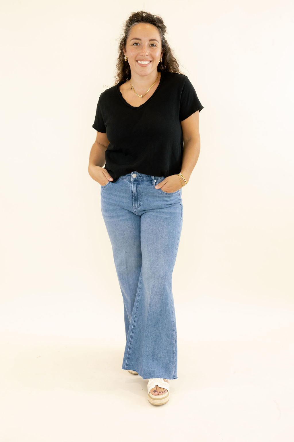 Dear John Bowie Wide Leg Jeans in Poetry light wash denim with high-rise waist and raw hem front view