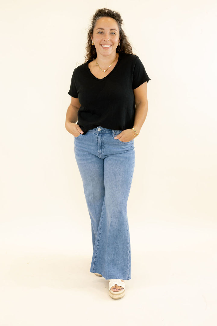 Dear John Bowie Wide Leg Jeans in Poetry light wash denim with high-rise waist and raw hem front view