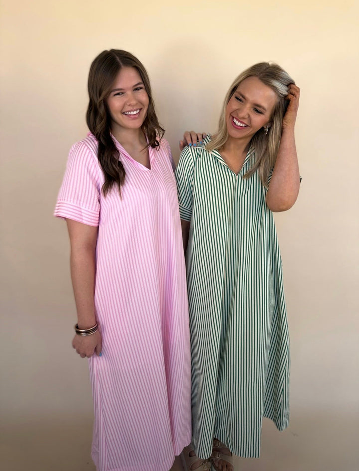 Raina Split Neck Striped Midi Dress
