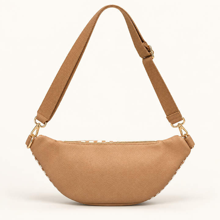 Back view of the Checkered Tan Woven Susie Bum Bag showing the exterior zipper pocket.