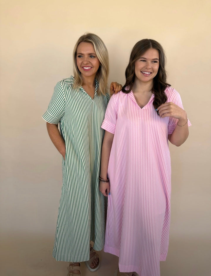 Raina Split Neck Striped Midi Dress