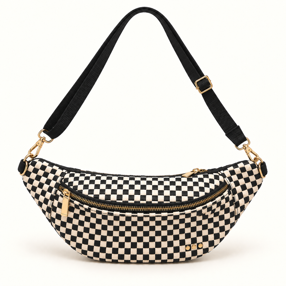 Front view of the Woven Susie Sidekick Bum Bag in Checkered Black with an adjustable strap.