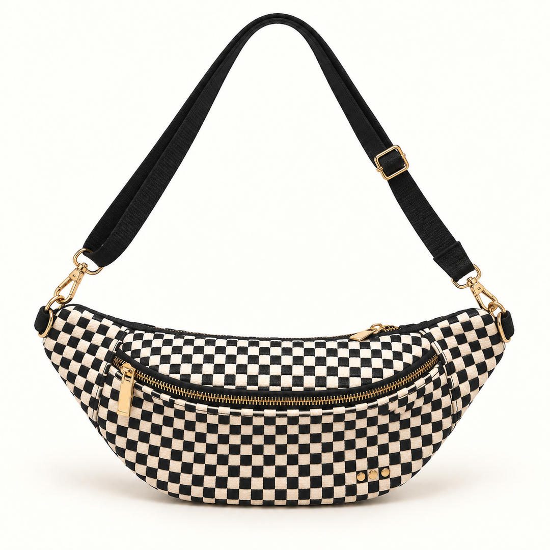 Front view of the Woven Susie Sidekick Bum Bag in Checkered Black with an adjustable strap.