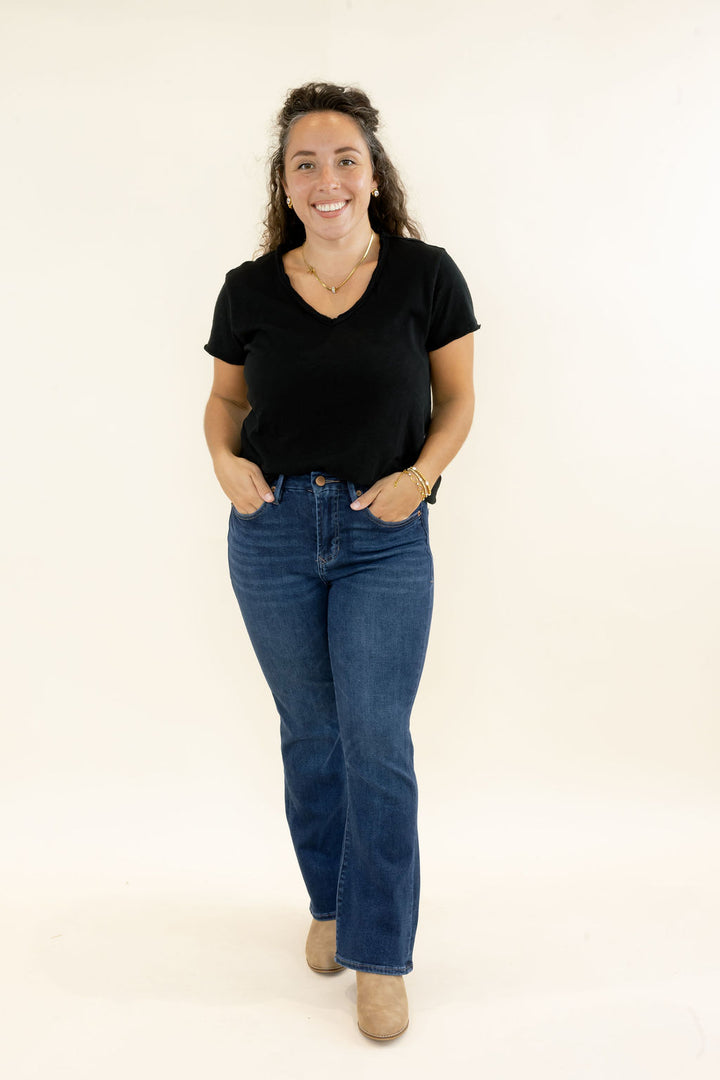 Dear John Jeanne Flare Jean in Richmond dark indigo wash with mid-rise waist and cropped flare leg front view