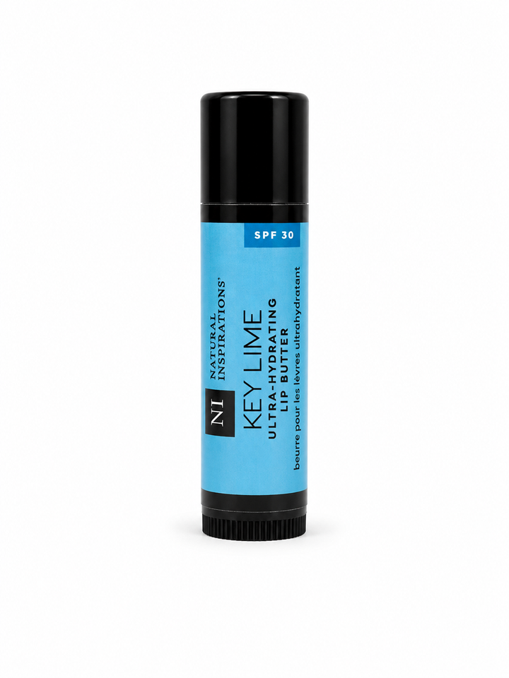 Natural Inspirations Key Lime Ultra-Hydrating Lip Butter with SPF 30 in a moisturizing lip balm tube for daily hydration and UV protection.