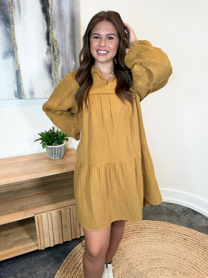 Long Sleeve Collared Baby Doll Tiered Gauze Dress